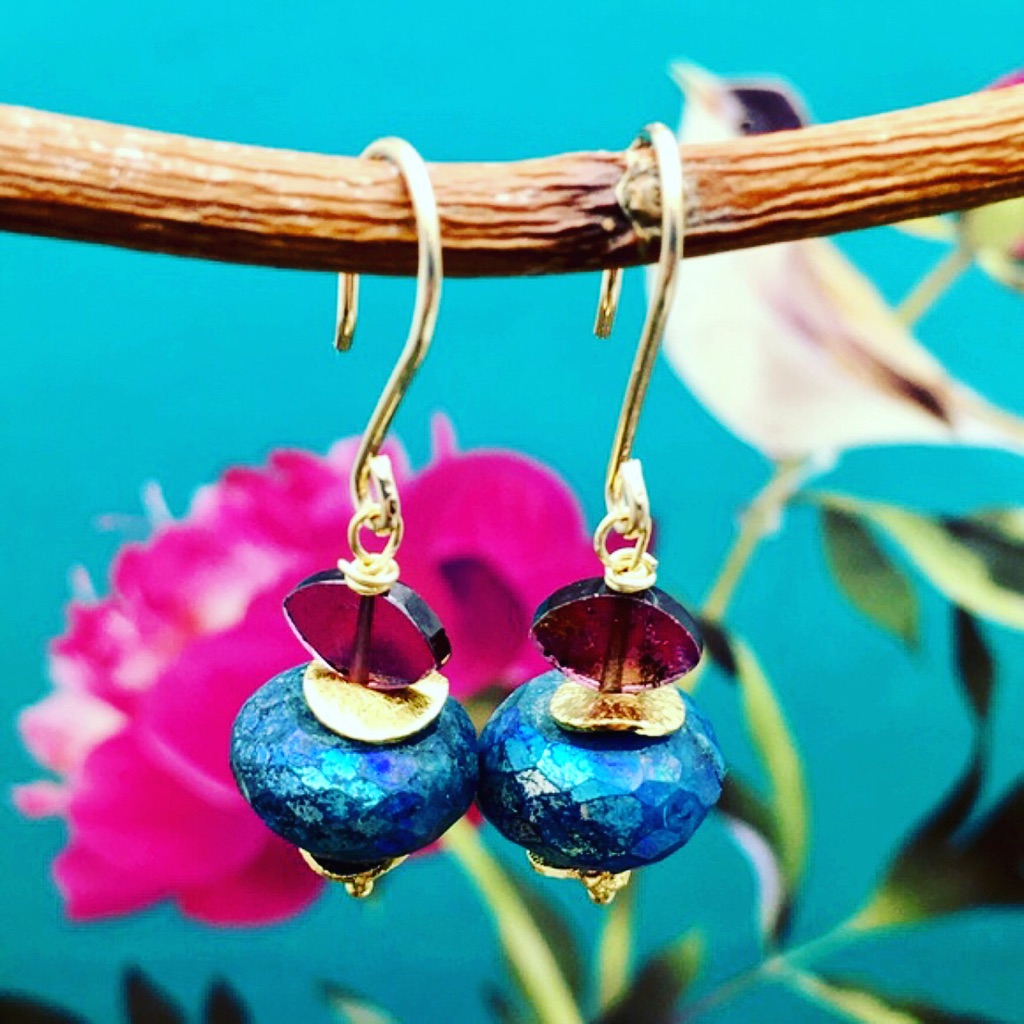 Handmade Chrysocolla Earrings With Garnet Dangle Gemstones Earrings